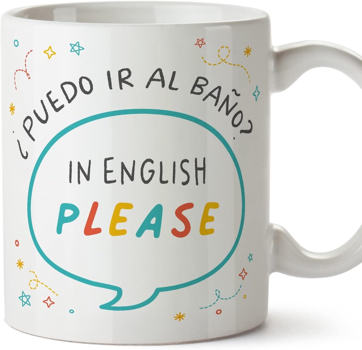 Mokken/beker met spreuk voor Engelse leraren - in het Spaans - Puedo ir al baño in het Engels - 330 ml - origineel en grappig cadeau voor medewerkers