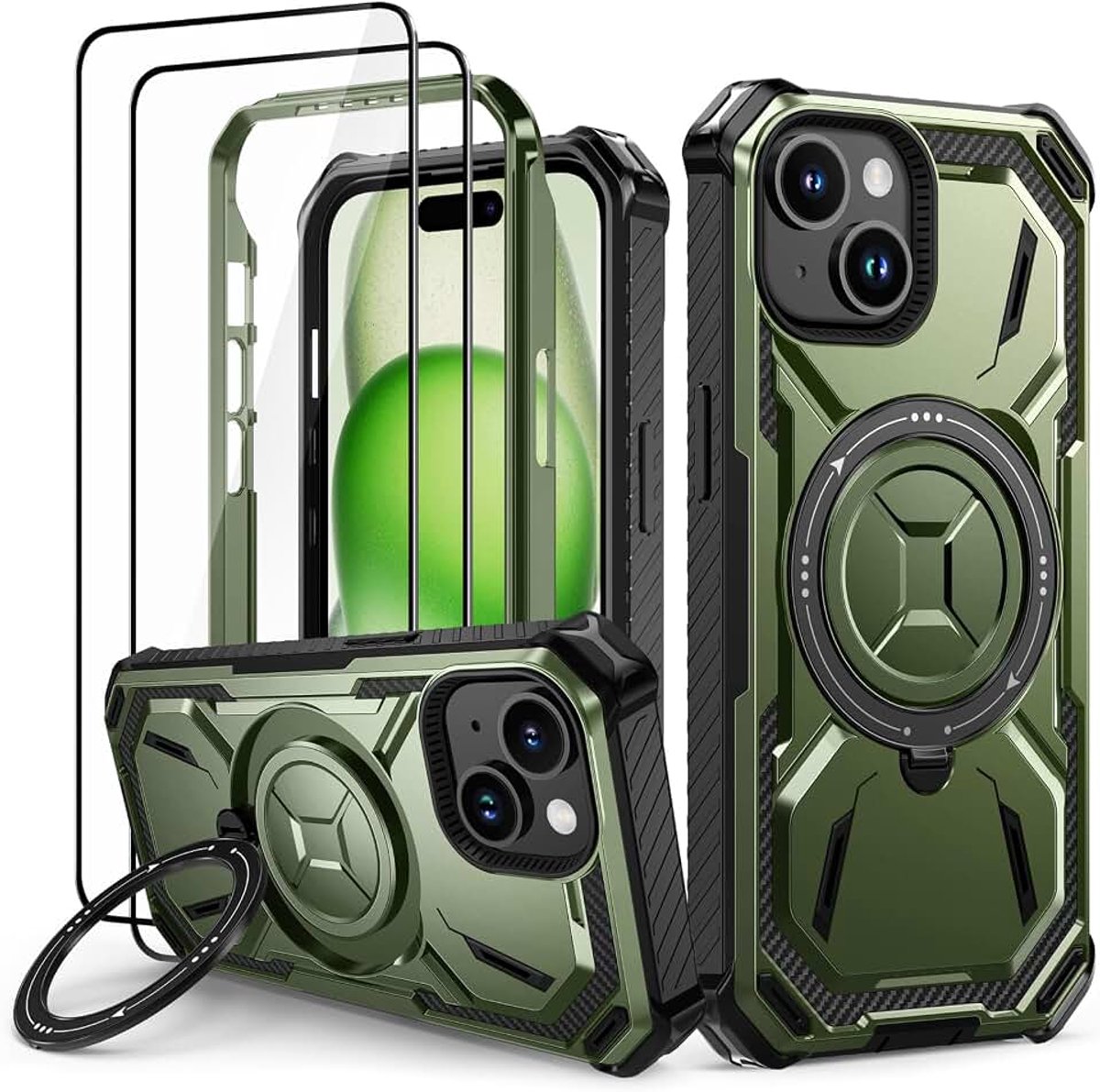 Beschermhoes voor iPhone 15 met 2 gehard glas, schokbestendig, militaire bescherming, versterkte ringstandaard, armor, beschermhoes voor iPhone 15, groen