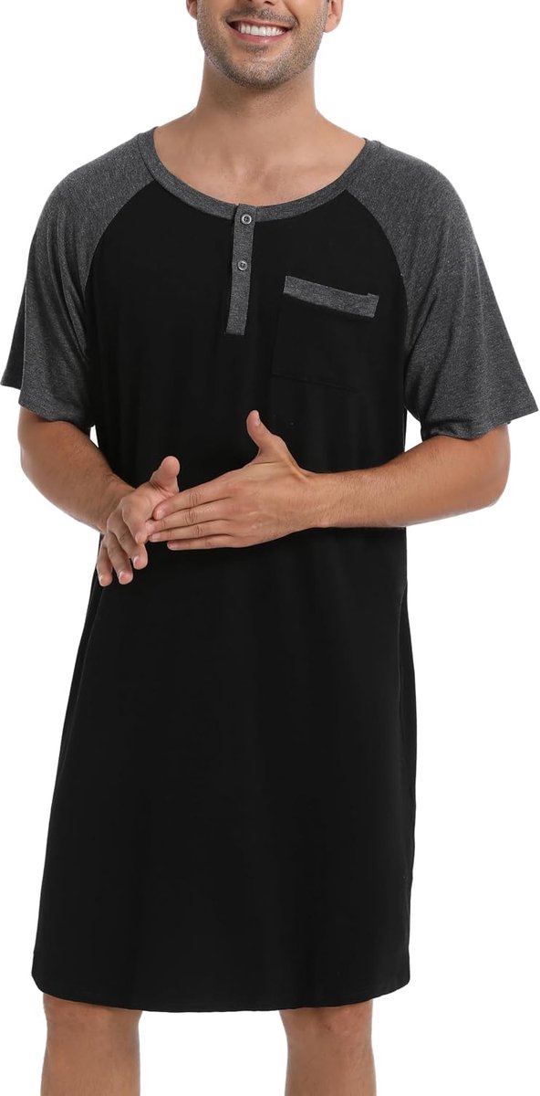 Nachthemd voor heren, pyjama-tops, T-shirt, knielang, V-hals, met knopen, korte mouwen, binnenkleding, zacht, comfortabel, grote maat M-4XL
