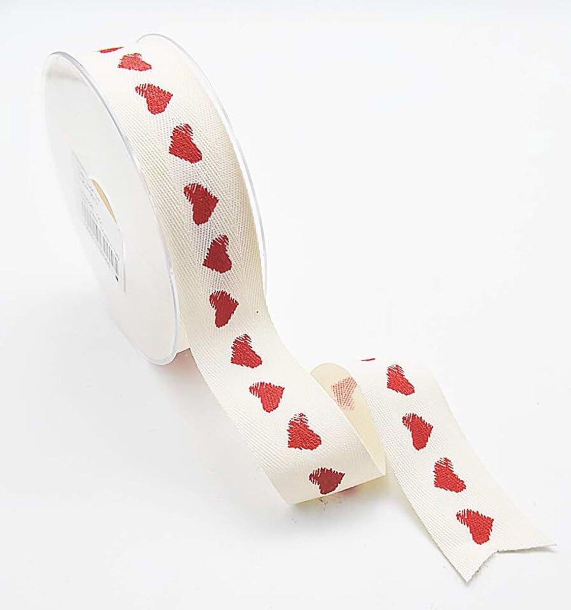 Band met visgraatpatroon, opdruk harten, 20 meter, stof polyester, mat, zacht, gemaakt in Italië, zeefdruk, crème, 30 stuks
