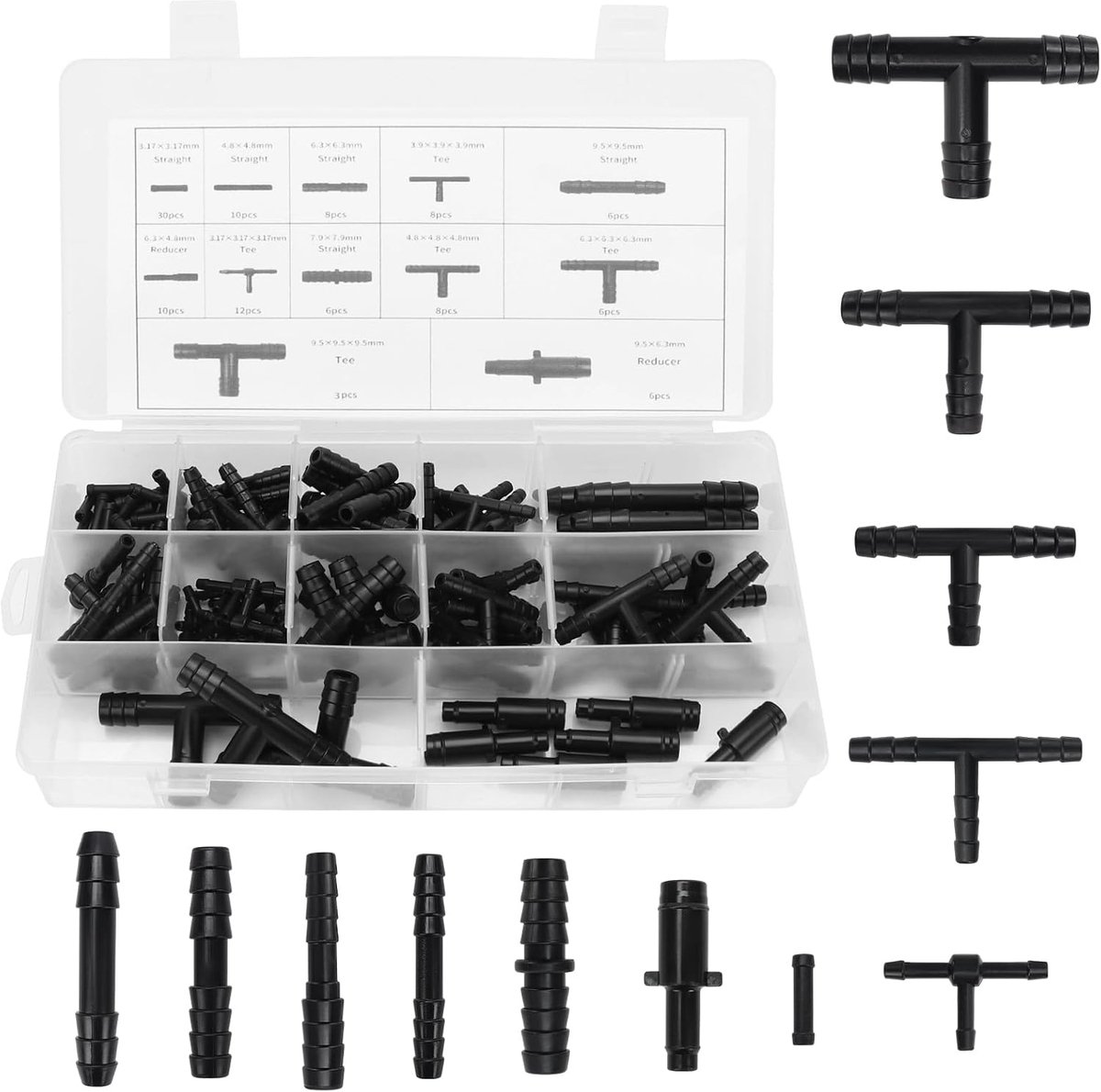 113 stuks, 12 maten, T-connector, slangaansluiting, slangverbinding, irrigatie, aansluitset voor ruitensproeier, slang, tuinslang en irrigatiesysteem