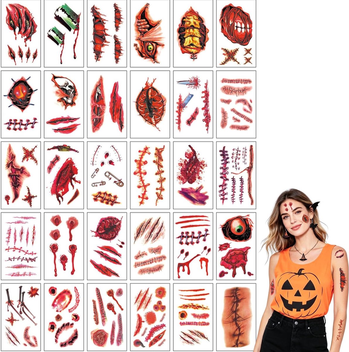 Tijdelijke Tattoo Set, 30 velgen litteken- en wondtattoos, nep korstbloed, zombiemake-up stickers, nep sneden voor volwassenen kostuums, Stijl 1