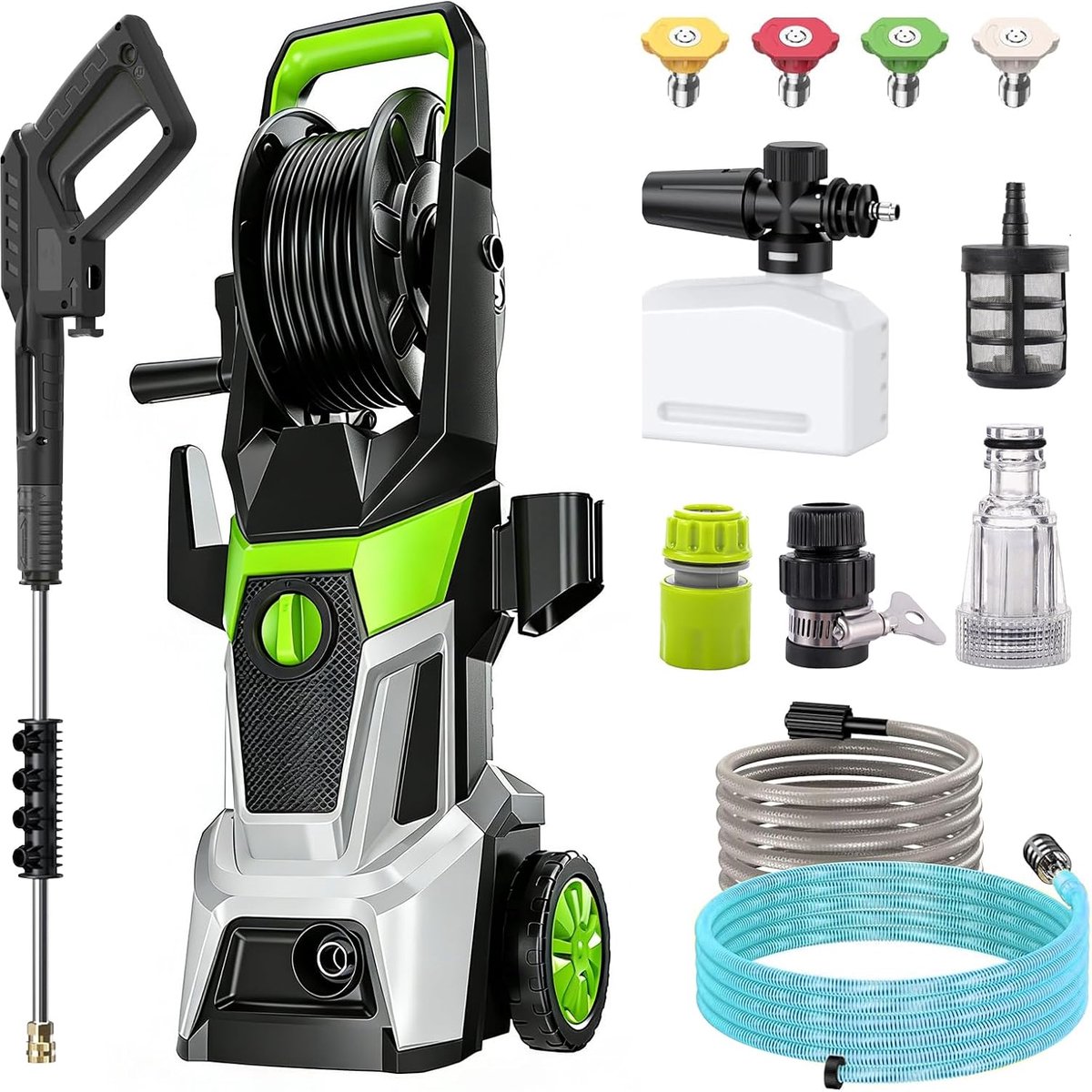 Washer, pressure: max. 200 bar, max. flow rate: 540 l/h | consumption 3000 W, for cars and outdoor surfaces, high pressure gun and hose, turbo nozzle, spray lance