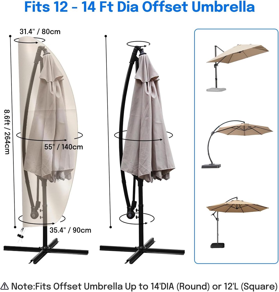 Parasolhoes, waterdicht, geschikt voor 2,5 m, 2,7 m, 3 m, 4 m, terras, grote overhangende buitenparasol, 600D Oxford, UV-bestendig, winddicht, tuinparapluhoes met ritssluiting
