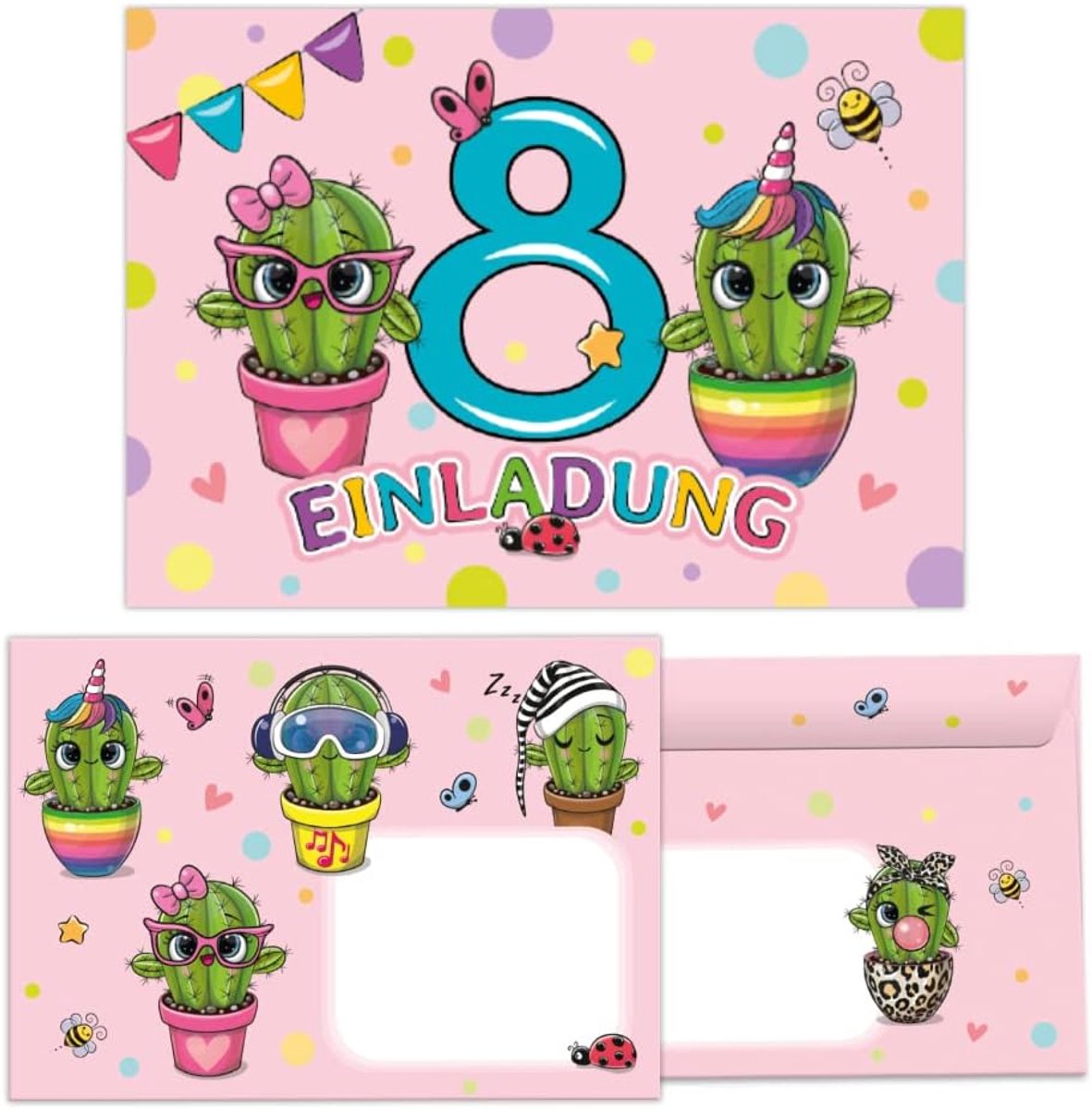 12 uitnodigingskaarten voor de 8e kinderverjaardag uitnodiging voor achtverjaardag meisje cactus incl. 12 enveloppen, 12 zakken / natuur, 12 stickers