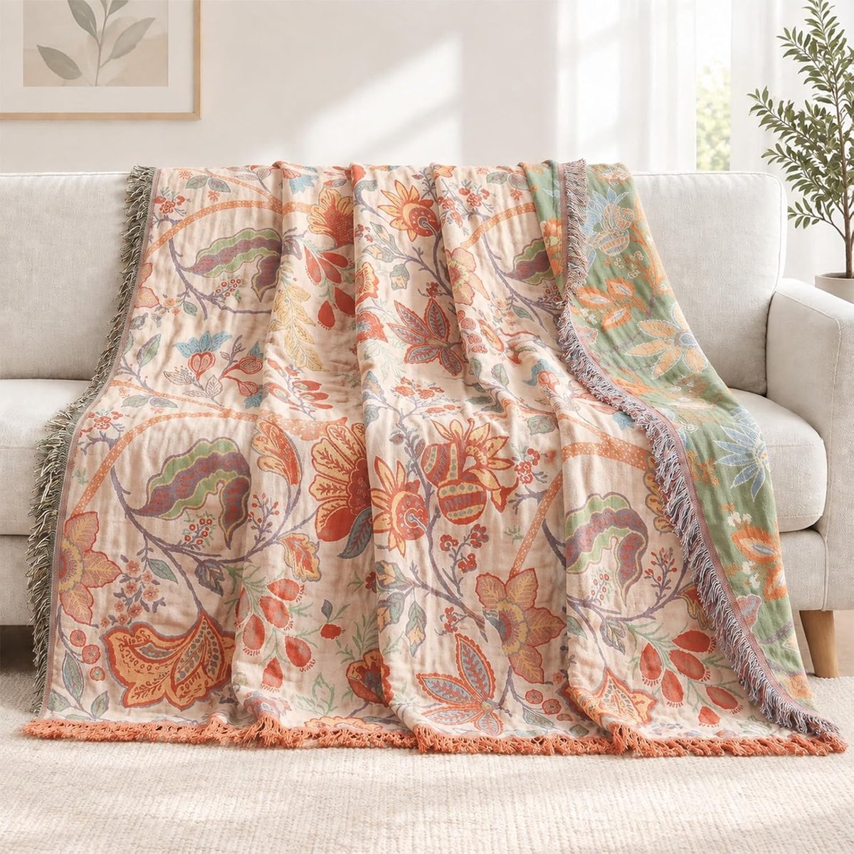 Sprei met franjes, 100% katoen, knuffeldeken, oranje en lichtgroen, 150 x 200 cm
