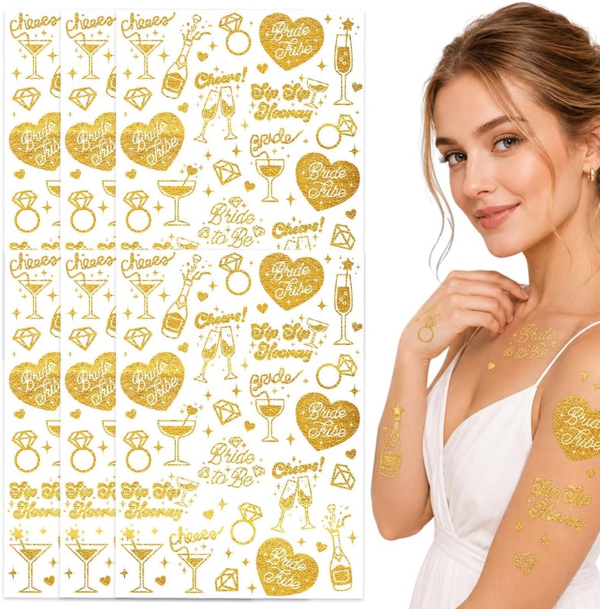 Tijdelijke Tatoeages, Perfect voor Vrijgezellenfeesten, Huwelijksgeschenken, Bruiloftsdecoraties, Feesten, Babyshowers, Goudkleurig.