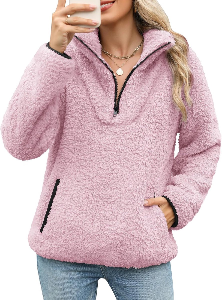 Sweatshirt zonder capuchon met ritssluiting voor dames, fleece, los, effen, lange mouwen, trui met zakken, warm en pluizig sweatshirt, jassen, bovenstukken, herfst en winter