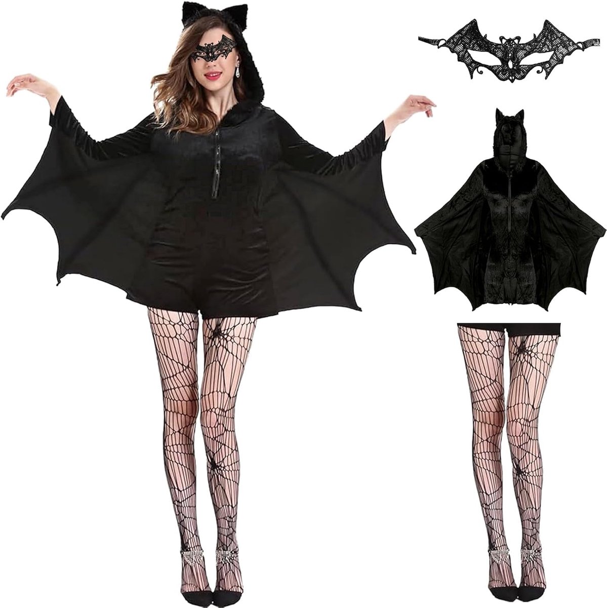 Vleermuis, met zwarte netpanty, kanten oogmasker, carnaval, vleermuiskostuum voor dames, voor volwassenen, cosplay