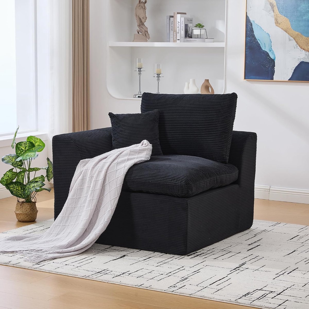 2-zitsbank, modulaire bank, corduroy sofa met kussen, vrijetijdsbank in Scandinavische stijl, woonkamer, geen montage nodig (corduroy, zwart-1-zits)
