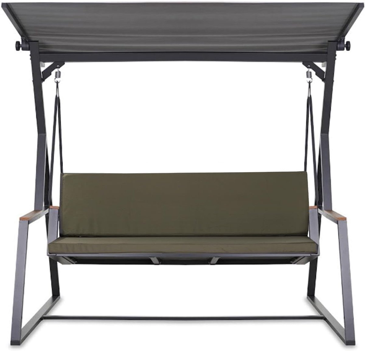 Schommelwoodschommelbank, 7 cm dik, zit- en rugkussen, afneembare overtrek, omkeerbaar, tuinkussenset (olijfgroen, 150 x 60 x 50 cm)