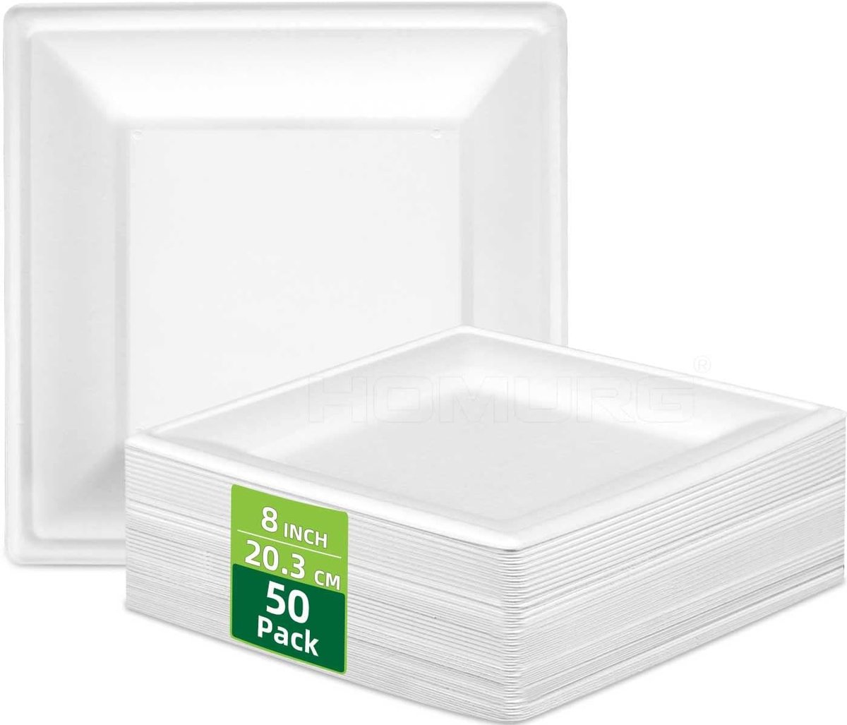 20,3 cm Vierkante Papieren Bord in Wit, Wegwerp Borrelhapjes Dessert Taart Salade Borden, Kerst Verjaardagsfeest Tafelgerei, Composteerbaar Camping Servies voor Picknicks BBQs, Bordsets Bulk 50