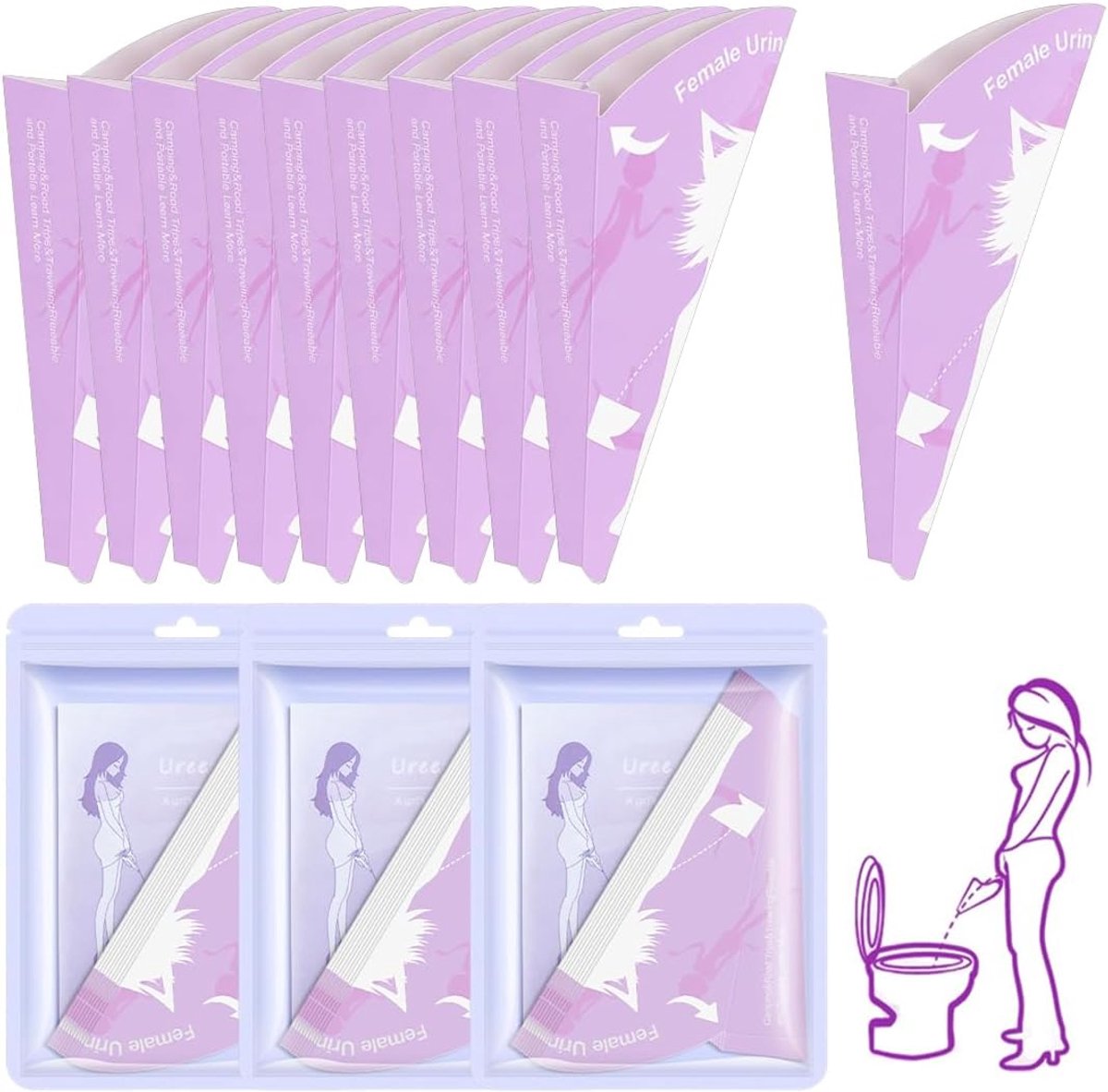 Urinoir voor Vrouwen 30 Stuks – Wegwerp Trechter voor Staand Plassen – Draagbaar Toiletaccessoire van Papier – Waterdicht & Hygiënisch – Voor Reizen Kamperen – Paars