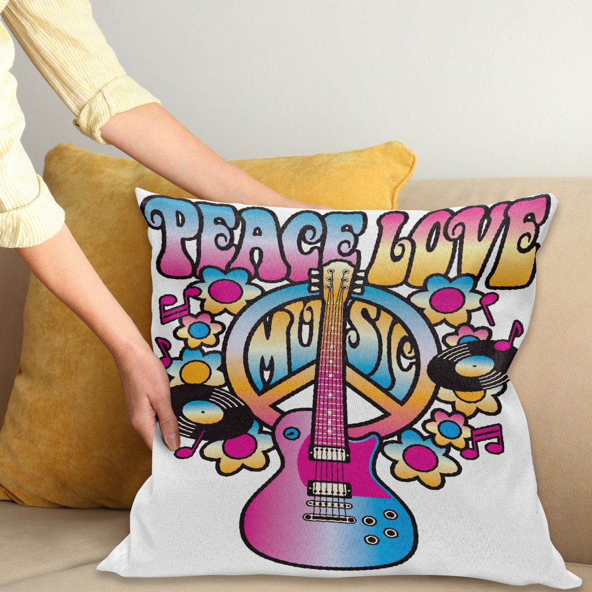 ABAKUHAUS Groovy Sierkussenhoes, Vrede Liefde Muziek Tekst met Vrede Gitaar Platen Bloemen Muzikale Noten, Decoratieve Vierkante Sierkussenhoes, 65 x 65 cm, Blauw Roze Geel