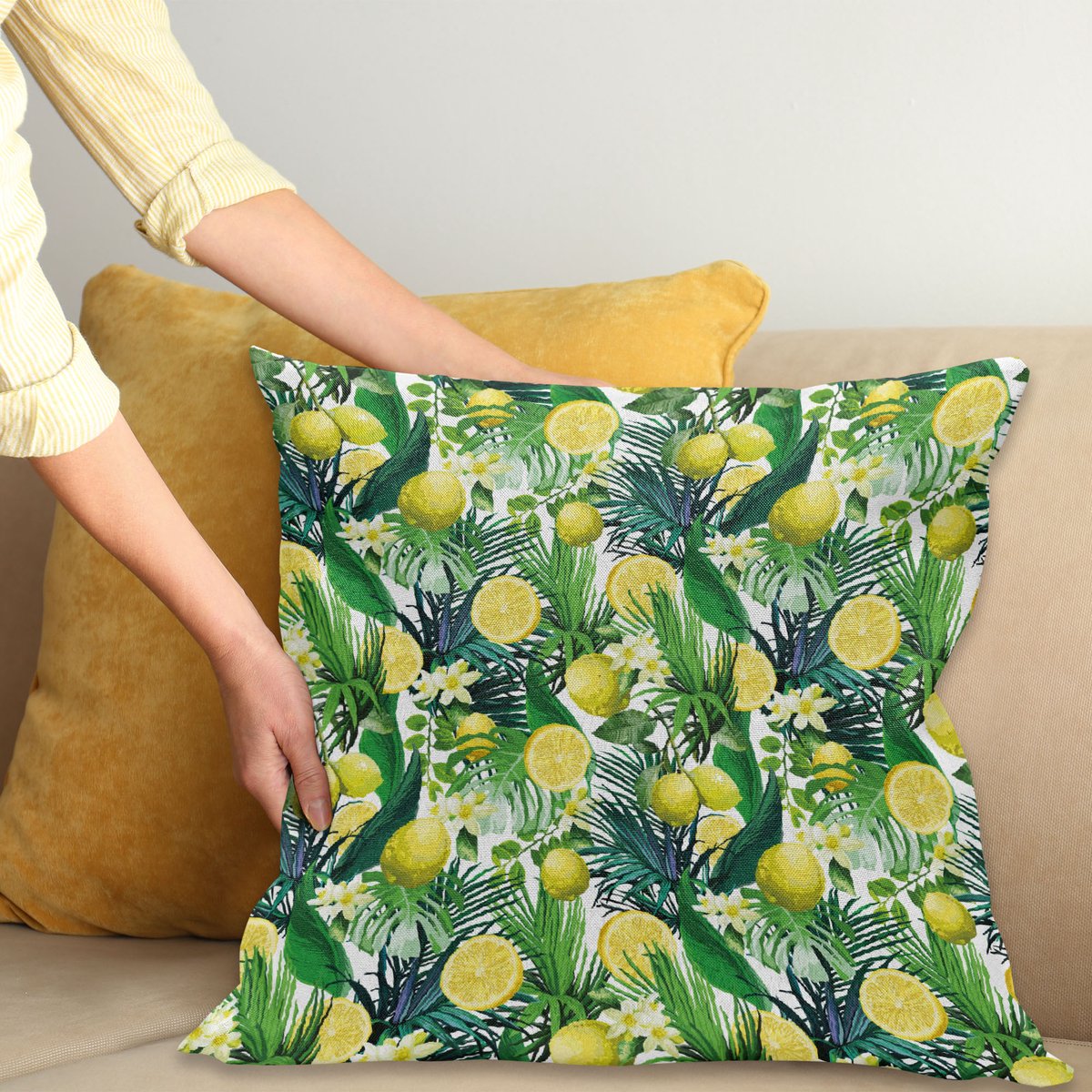 ABAKUHAUS Natuur Sierkussenhoes, Tropisch Planten met Large Evergreen Blad Lemon Botany Palm Jungle Grafisch, Decoratieve Vierkante Sierkussenhoes, 70 x 70 cm, Geel Bos Groen