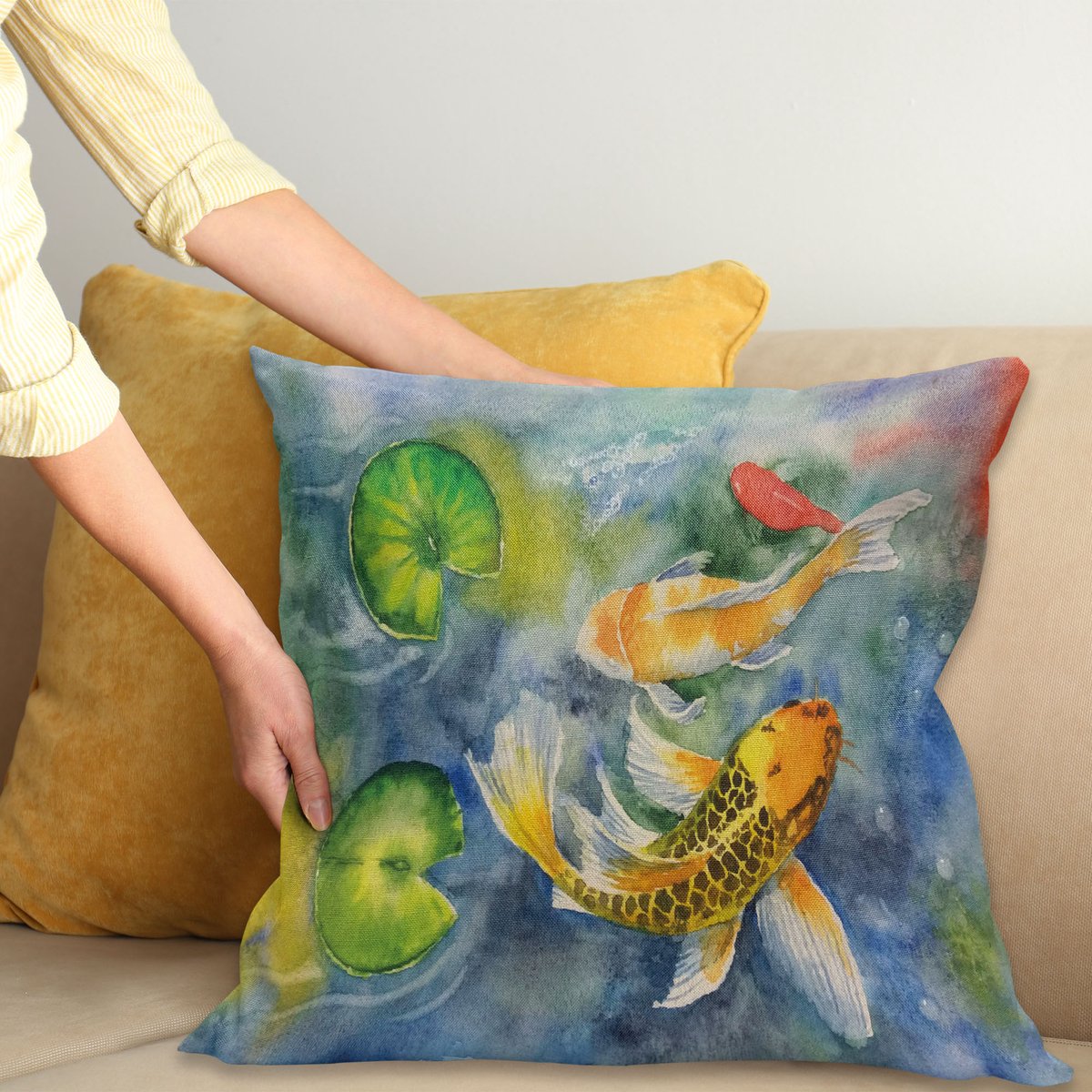 ABAKUHAUS Koi Vis Sierkussenhoes, Lillies Maritiem Leven Kleurrijk Aquarel Drawing van Divine Dier, Decoratieve Vierkante Sierkussenhoes, 40 x 40 cm, Violet Blauw