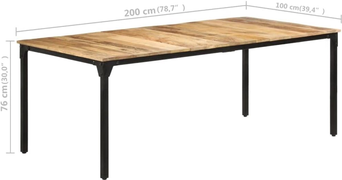 Eettafel, 200 x 100 x 76 cm, ruw mangohout met ijzeren poten, tropische hardhouten keukentafel voor eetkamer, stabiel tafelblad, duurzaam, slijtvast, unieke nerf