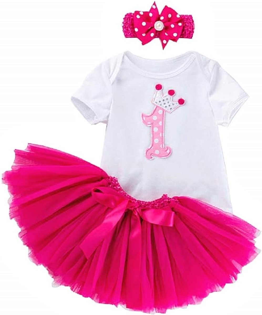 Tule rok voor meisjes, voor de eerste verjaardag, Tutu, haarband met strik, complete set, ballerina, meisjes, pasgeborenen, eerste kinderen, kleur: fuchsia - - Small