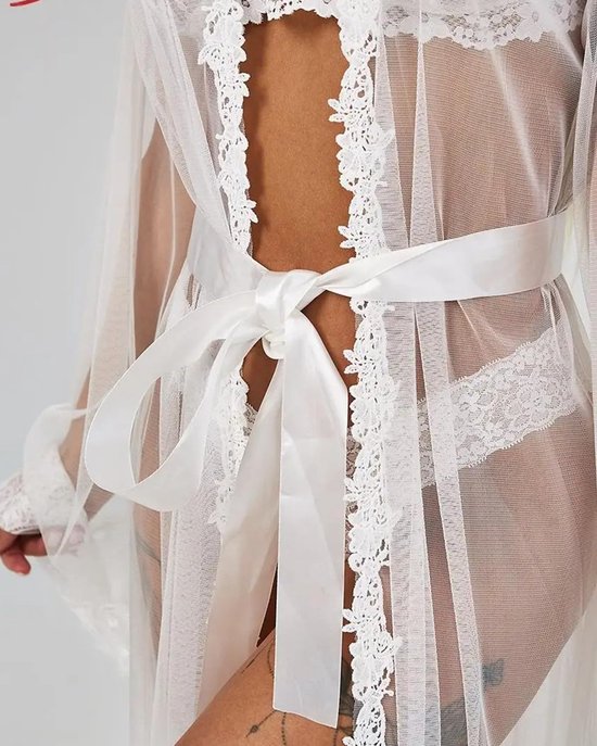 Lingerie voor dames, sexy, kant, bloemenpatroon, pyjama, tule jurk, transparant, lang, cardigan, boho, strand, badpak, bikini-cover-ups met zijden riem, babydoll, bruiloftsbadjas — afbeelding 3