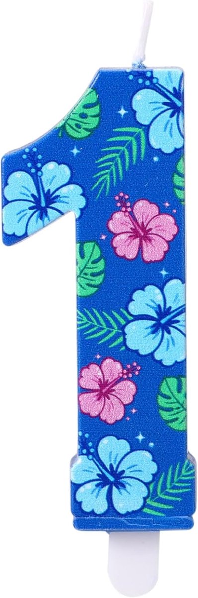 Verjaardagskaars met Cijfer, Taarttopper met Hawaïaans Thema en Bloemenmotief voor Kinderen Jongens en Meisjes Feestdecoratie (Cijfer 1)