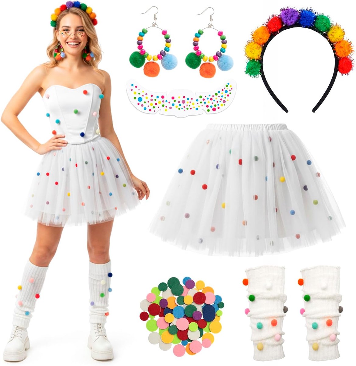 kostuum voor dames, 6 stuks, carnavalskostuum voor dames, met tule rok, haarband, oorbellen, gezichtsstickers en beenwarmer, confetti in het hart, carnaval, kostuums voor volwassenen