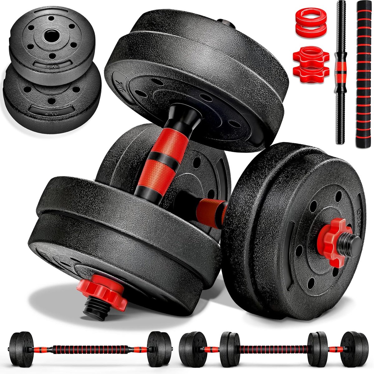 2-in-1 halterset, 15-40 kg, verstelbare halterset, korte halter en lange halter, stersluitingen en verbindingsbuis