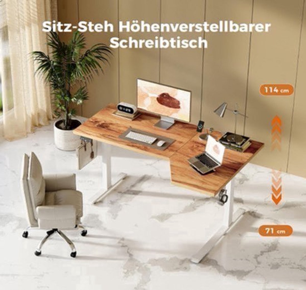 L-Vormig Zit-Sta Bureau – Elektrisch Bureau – Verstelbaar Bureau – Hoekbureau – Ergonomisch Bureau – Lichtbruin – Hoogte Verstelbaar 71-114 cm – Stil Motor met Geheugenfunctie