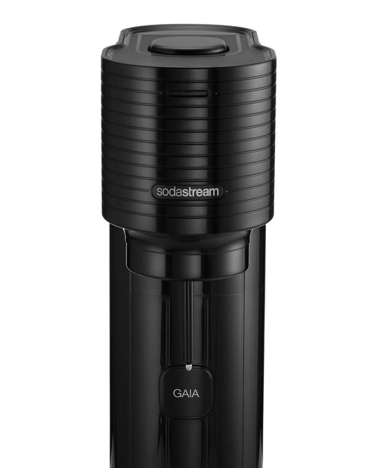 Zwarte SodaStream GAIA bruiswatertoestel met het logo "GAIA".