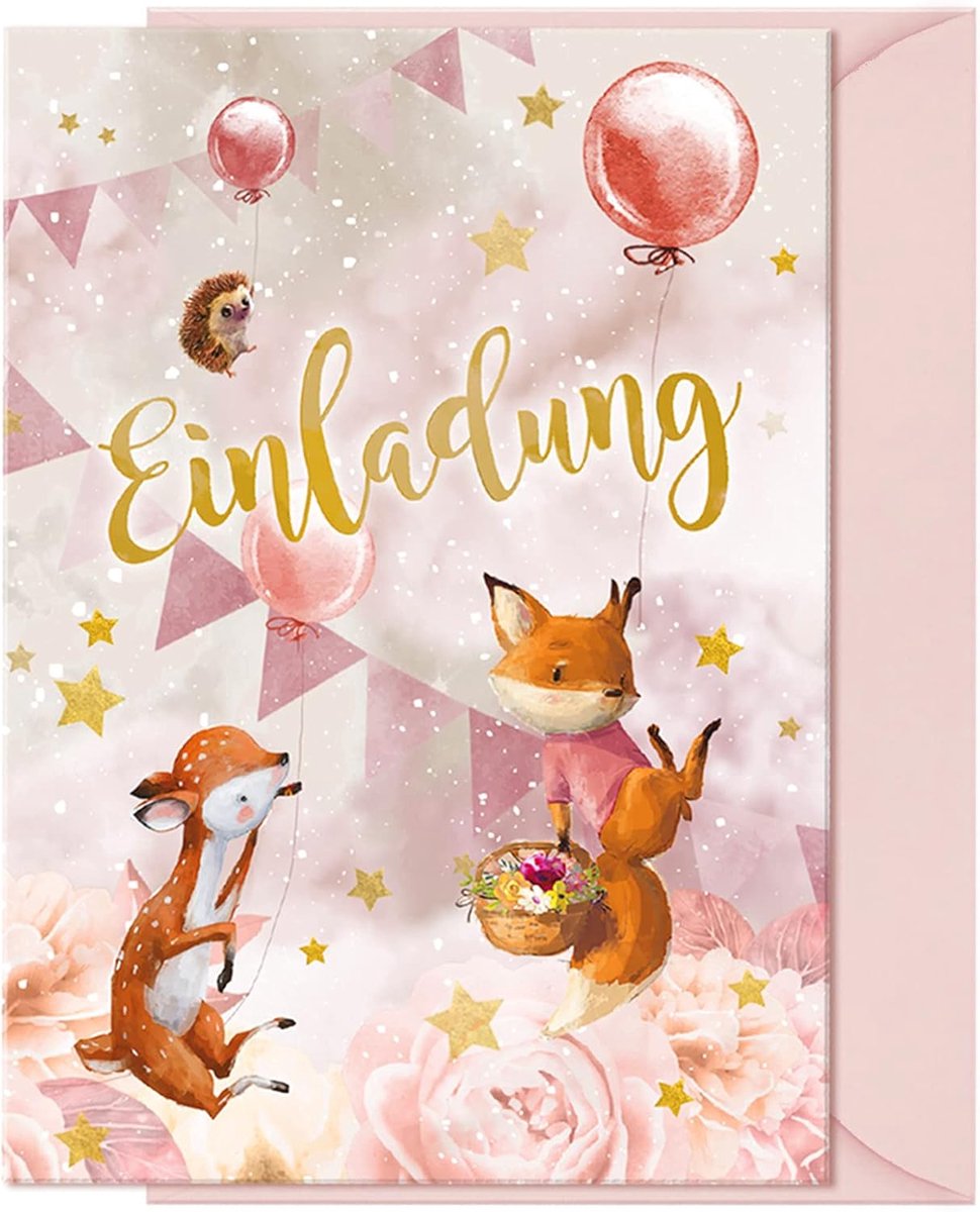 Uitnodigingskaarten voor kinderverjaardag met roze enveloppen, feestuitnodigingen voor meisjes en jongens, verjaardagsuitnodigingen voor kinderen, bosdieren, 10 stuks