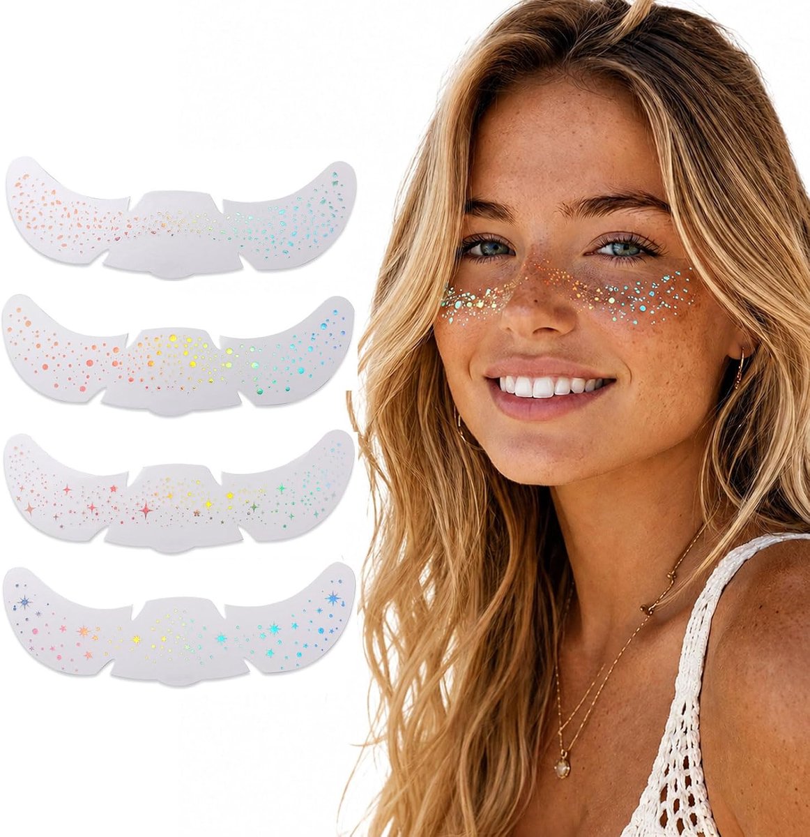 Tijdelijke tatoeages, holografische multichrome glitter sproeten gezichtstatoeages, waterdicht voor festivals, raves en feesten, ster make-up accessoires