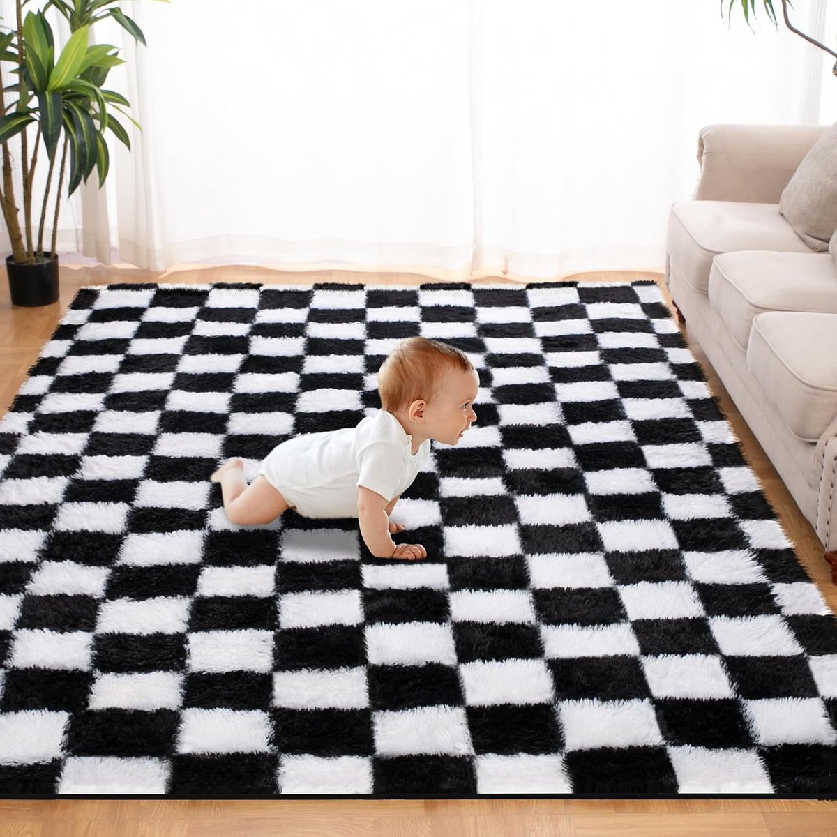 Pluizig Vloerkleed Hal de Woonkamer met Geruit 80x150CM, Zwart&Wit