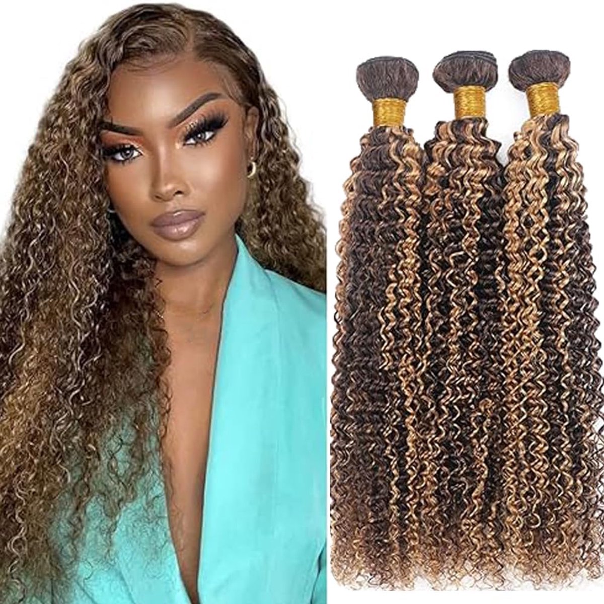 Wave Human Hair Bundles P427 Highlight Brown Mensliches Haar Bündel Echthaar Human Hair Extensions Echthaar Tressen Double Weft Remy Hair 3 Bundle Total 300g 32 32 32 Inch