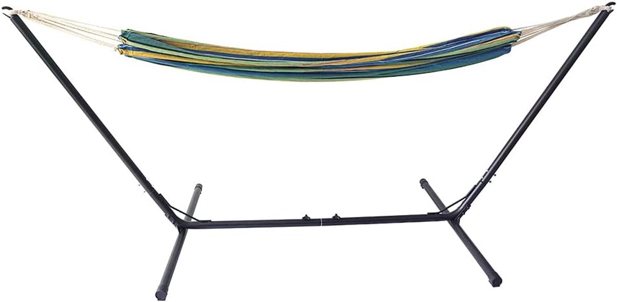 Hangmat op voet, stoffen hangmat met standaard, hangmat voor de tuin, camping, met draagtas, voet van metaal, 311-386 x 105 x 123 cm