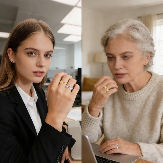 Ringen voor dames, vital ring, menopause, roestvrij staal, fitnessring, stijlvolle magneetsieraden, ringen met fluwelen zakje, ondersteunende duimring voor stress, vermoeidheid (goud, zilver — afbeelding 5