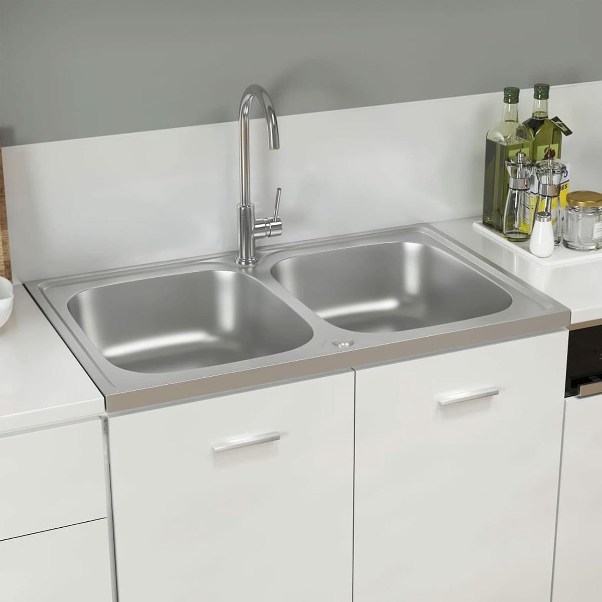 Keukenspoelbak voor keuken, 2 hoeken, met dubbele wastafel en afdruipvlak, roestvrij staal, zilverkleurig, 800 x 500 x 155 mm