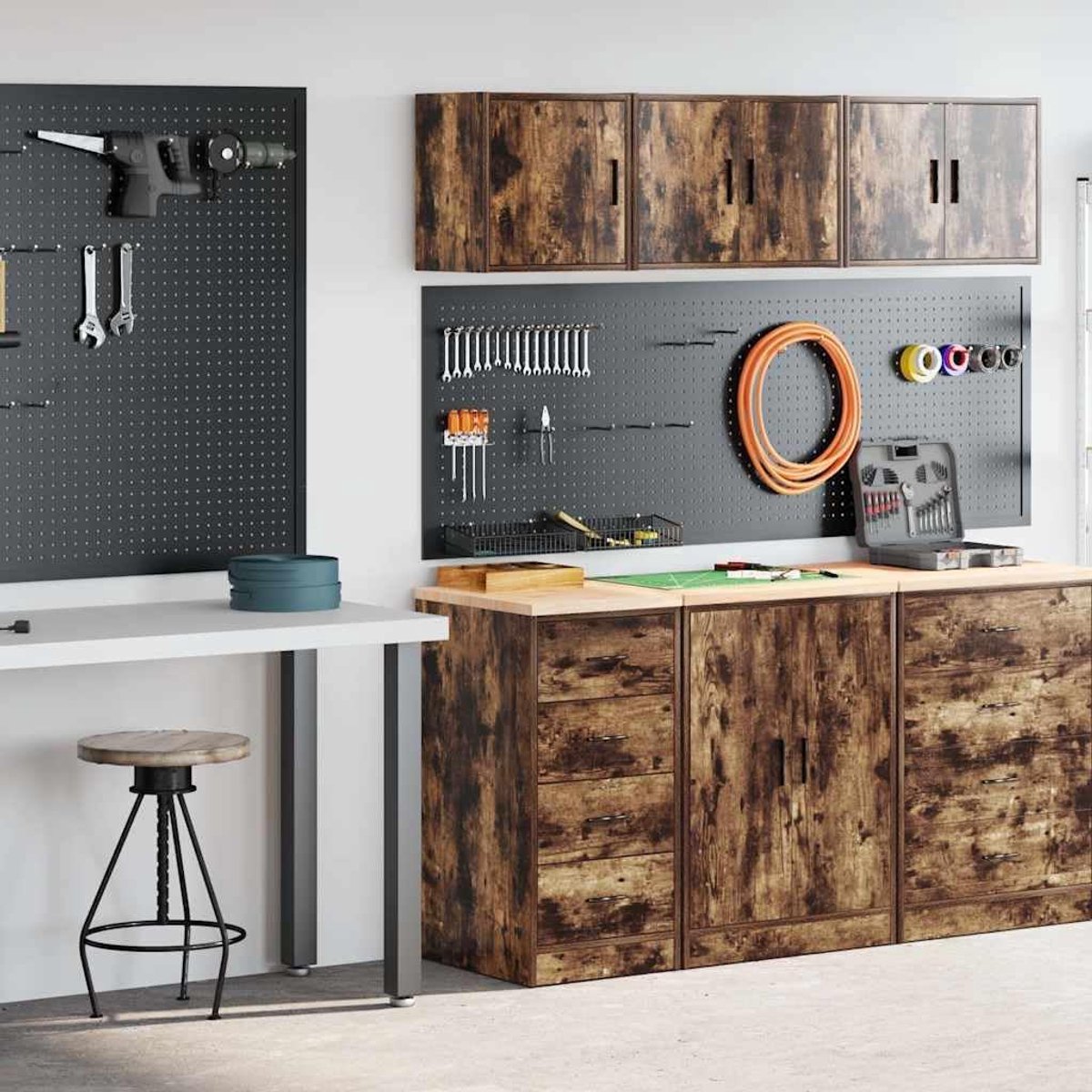 Set van 2 stuks, rookeiken, houtmateriaal, gereedschapskast en wandkastset voor het organiseren van werkplaats, garage en magazijn