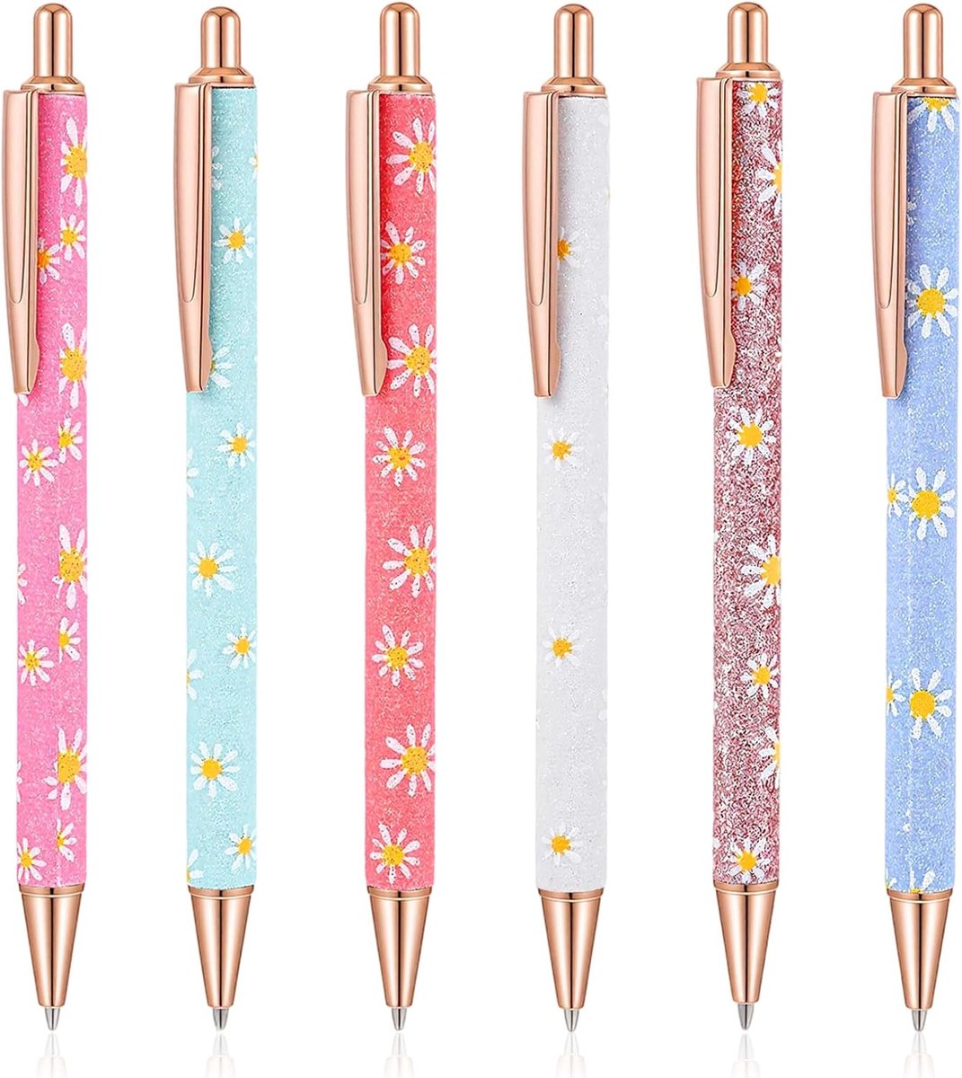 Dailygoods- Balpennen 6 stuks - Intrekbare Bloemengelpennen - Aluminium - Zwarte Inkt - Puntdikte 1,0 mm - Glad Schrijven - Schrijfpennen