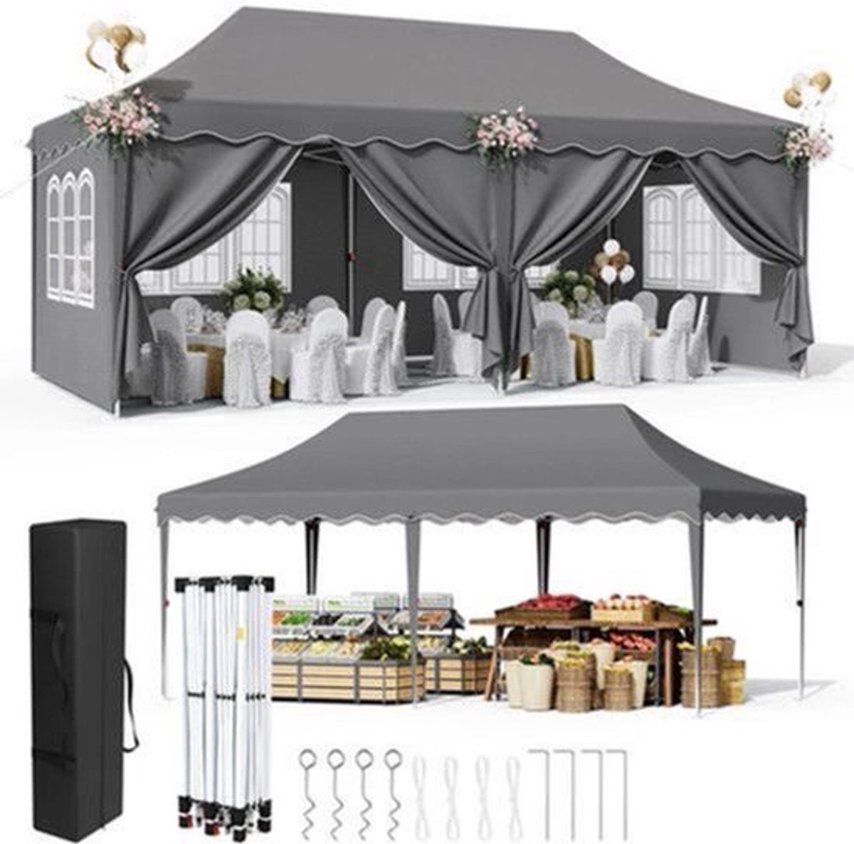 Tuinpaviljoen – Vouwwagen – Overkapping – Partytent – Marktstand – 3x6 Meter – UV-Bestendig
