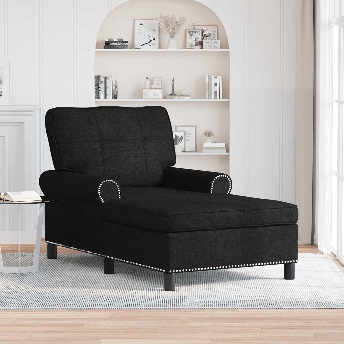 Longue met kussen, 91 x 157 x 91 cm, stoffen ligstoel voor woonkamer, slaapkamer, zwart