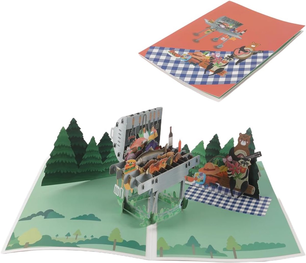 Dailygoods- Feestkaart 3D Pop-up BBQ - Wenskaart Verjaardag/Vaderdag - Wenskaart zonder tekst - Wenskaarten Set - Humoristische Dierenfiguren - Inclus