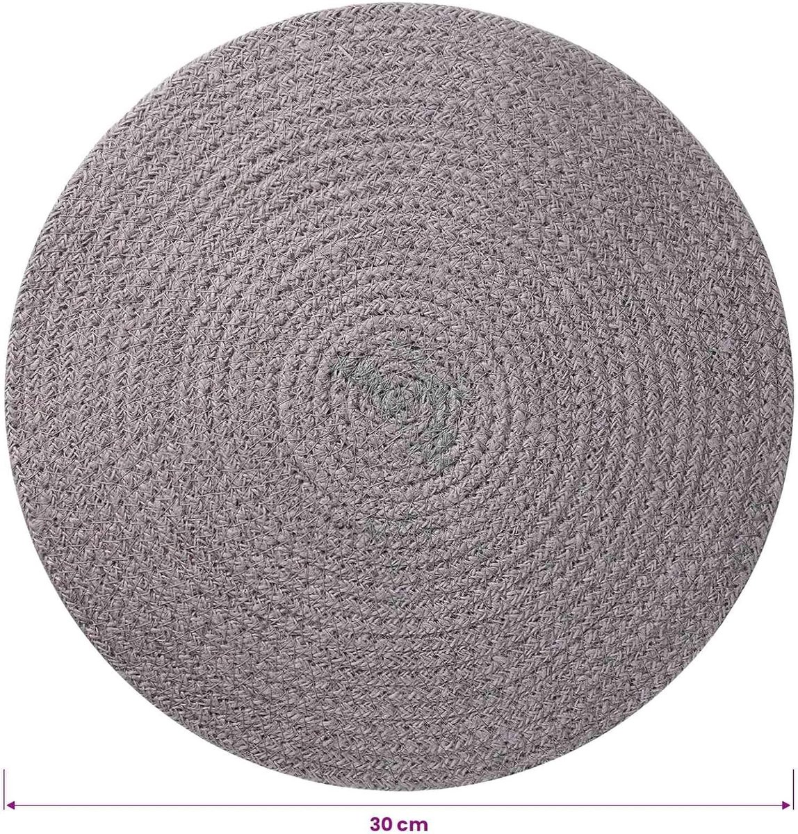 Jute onderzetters, set van 6 stuks, diameter 30 cm, grijs, 100% Tossa jute placemats voor eettafel, keuken, decoratie, robuust, duurzaam, absorberend, antislip, voor familieeten