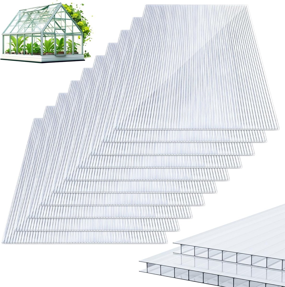 Holle kamerplaten, 8 mm, dubbelwandige plaat, polycarbonaat, 60,5 x 121 cm, 7,32 m², uv-bestendig, voor broeikas, tuin, broeikas, reserveplaten