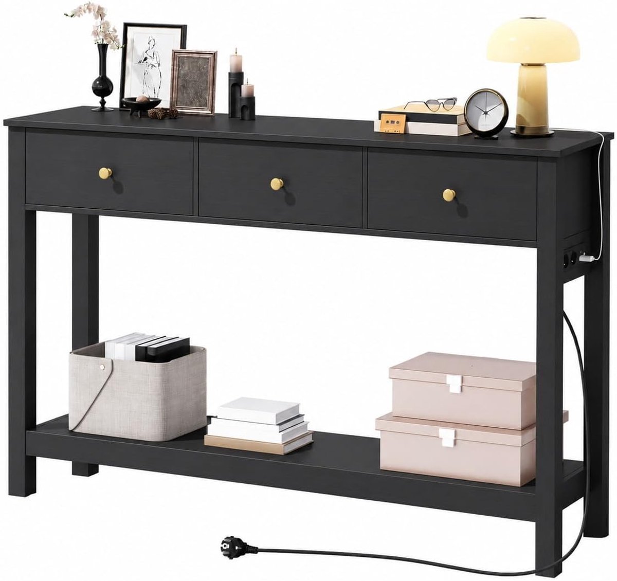 Smalle consoletafel met stekkerdoos, haltafel met 3 laden en legplank, bijzettafel met USB-aansluitingen, banktafel voor hal, woonkamer, keuken, 130 x 30 x 80 cm, zwart