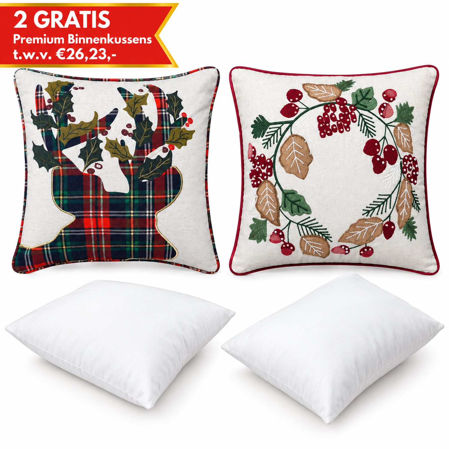 KerstKussen Set van 2 Kussenhoezen incl. Gratis Binnenkussens - Kerst Kussenhoes - Vierkant Kussenhoesjes - Kerstkussens met Rendier en Bessenkrans Print & Borduurwerk - 45x45 cm - Katoen - Wit/Rood/Groen