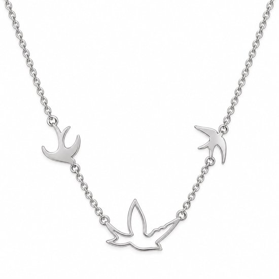 Zilveren ketting van 43 cm met drie gestileerde zwaluw-hangers in 925 zilver.