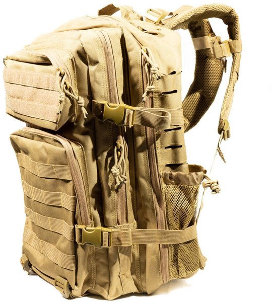 Kaki tactische rugzak met MOLLE-systeem, gespen en mesh vak.