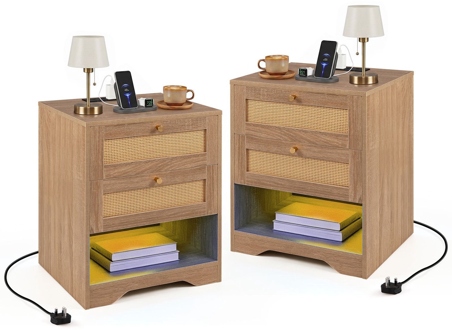 Suredeal Nachtkastje - Stucks - LED lampen - Oplaadstation Bijzettafel Rattan - 50x40x60 cm - Naturel