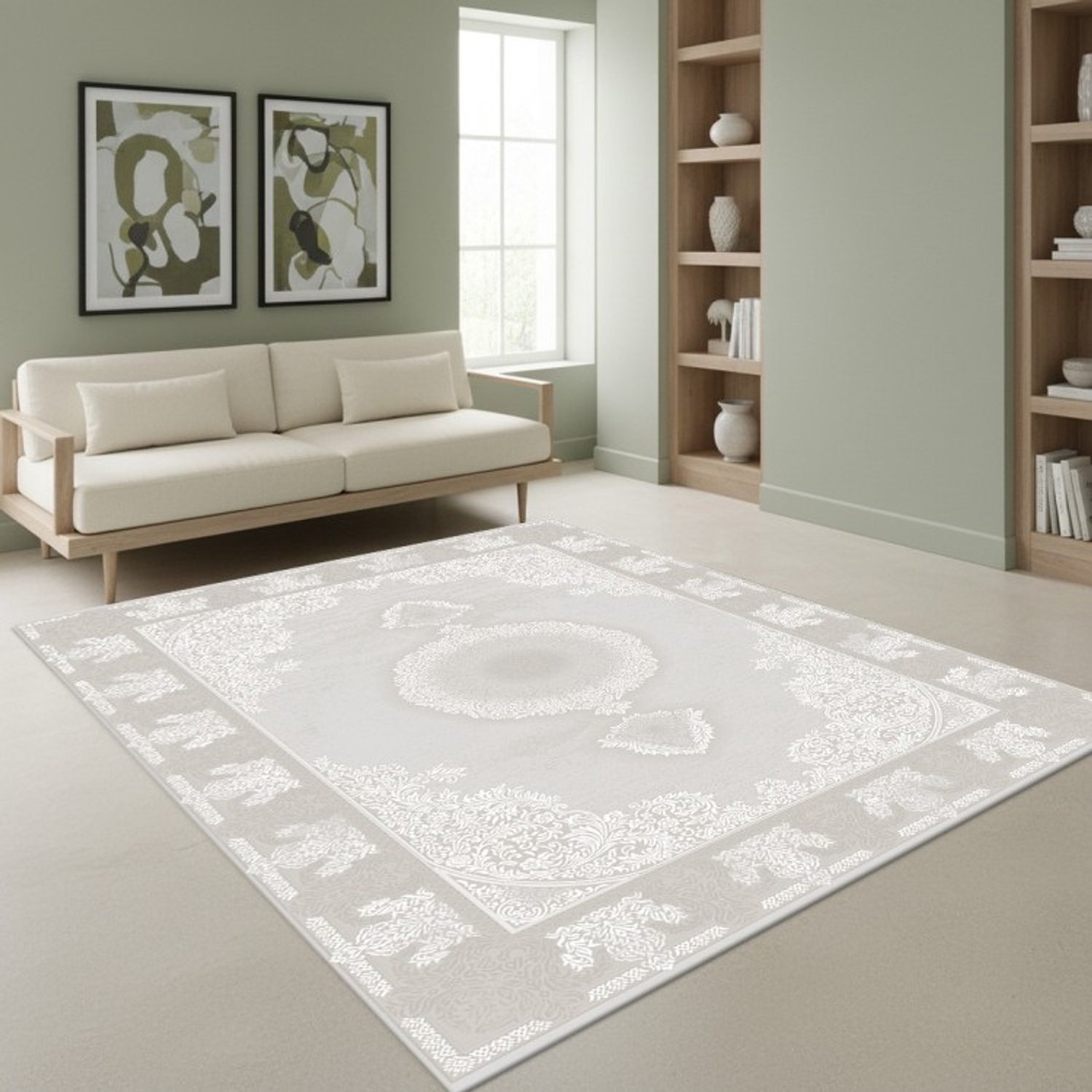 TapisTrend Designer tapijt Beige 80x150 cm Klassiek oosters acryl vloerkleed met bloemenmedaillon voor de woonkamer, slaapkamer en eetkamer