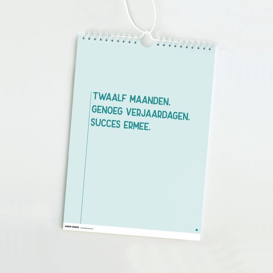 Lichtblauwe wandkalender met de tekst: TWAALF MAANDEN. GENOEG VERJAARDAGEN. SUCCES ERMEE.