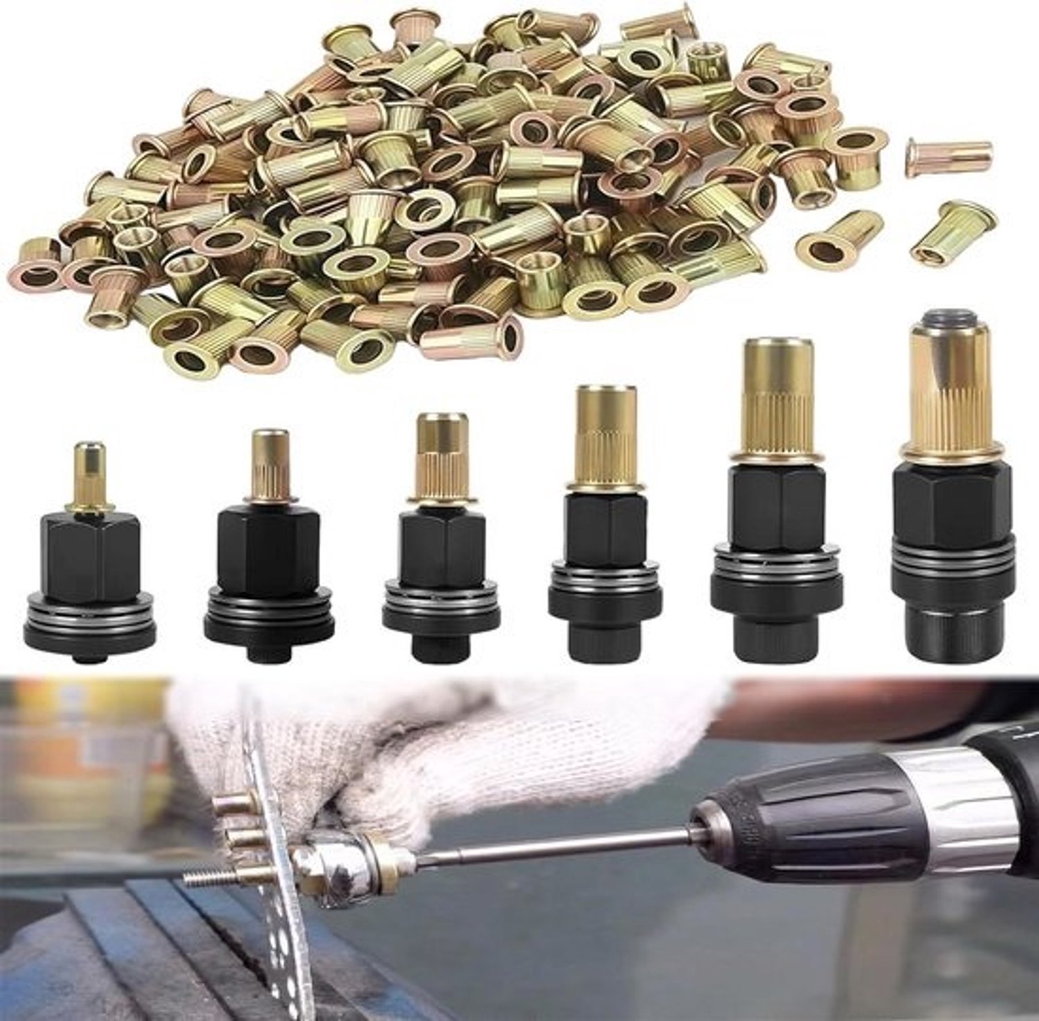 Klinkmoertang Set - Klinknageltang Moerentang - Materialen Bevestigen - 6 Maten Inclusief Moeren - M3-M10 - Zwart Goud
